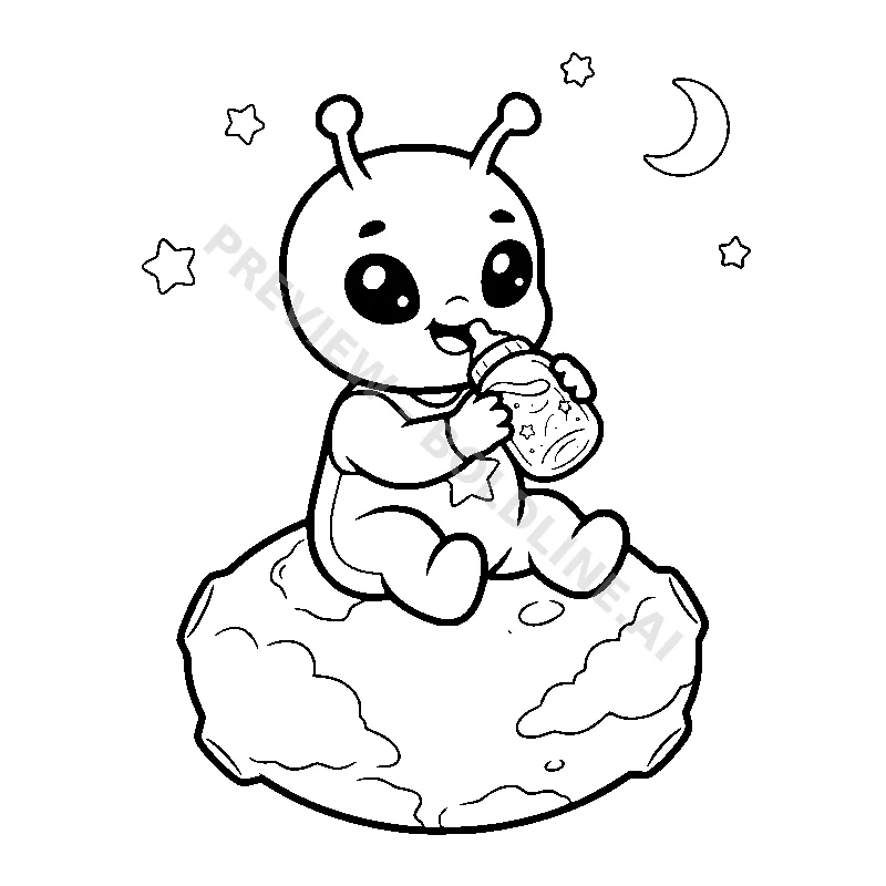 A chubby alien baby drinking a bottle of stardust milk while sitting on a soft purple planet.