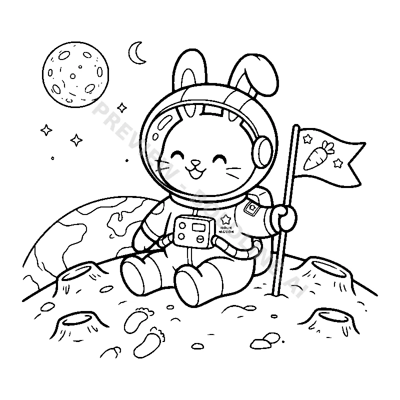 A happy astronaut bunny with floppy ears inside its helmet, planting a tiny carrot flag on the moon.