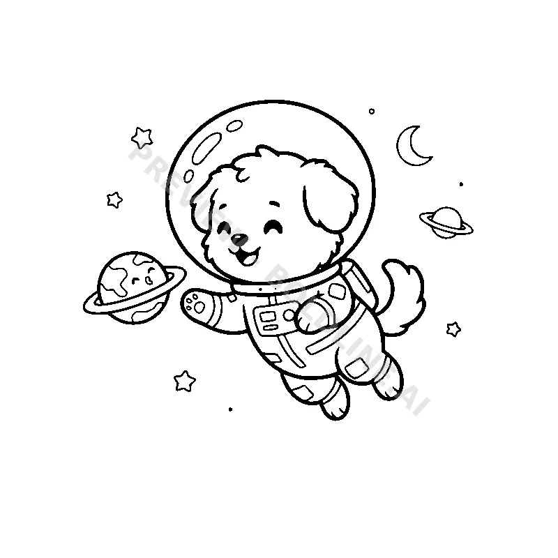 A sweet little space puppy floating in a bubble helmet and chasing a squeaky toy shaped like a planet.