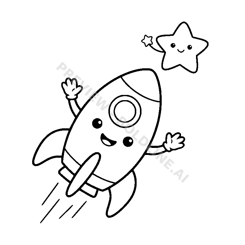A happy little rocket ship with a big smiling face waving its booster fins as it zooms past a friendly star.