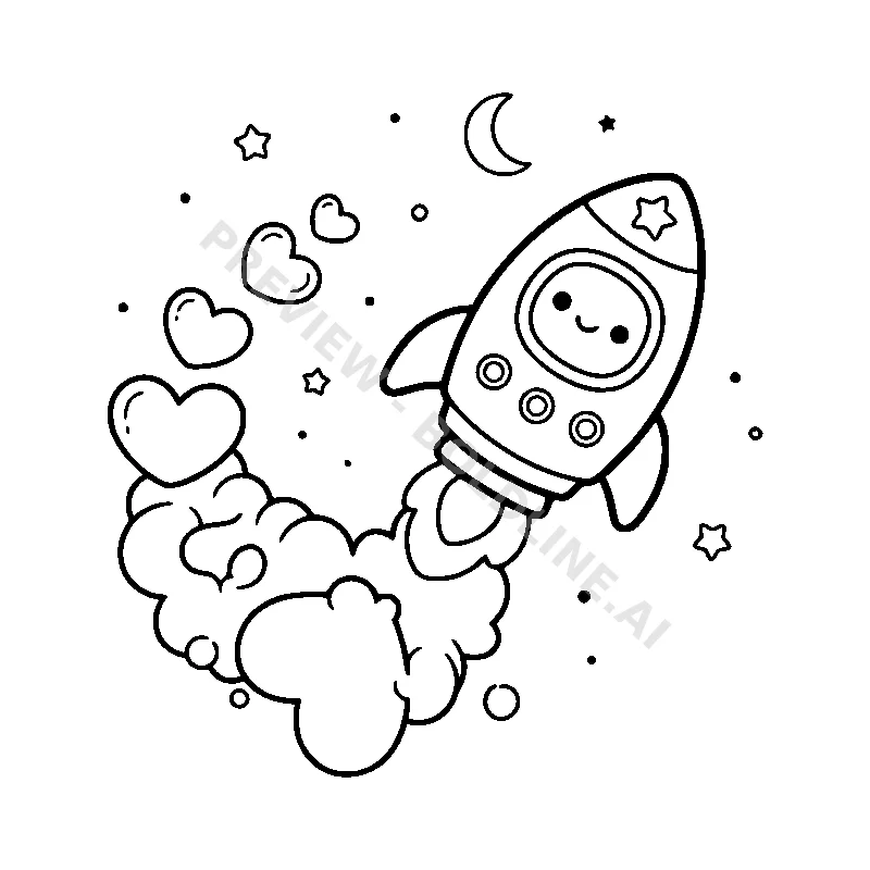 A friendly rocket ship blowing giant, bubbly smoke rings shaped like hearts as it travels through space.