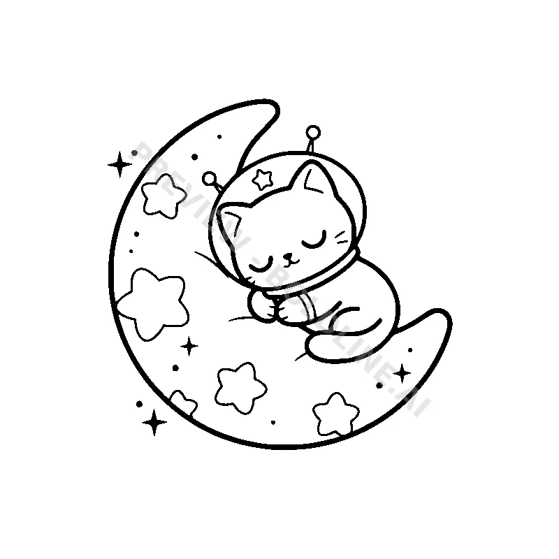 A sweet little space kitty taking a nap on a soft, glowing crescent moon pillow.