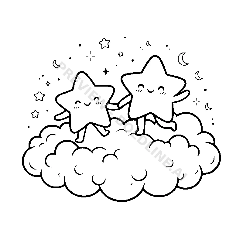 Two smiling stars holding hands and skipping across a soft, fluffy cosmic cloud.