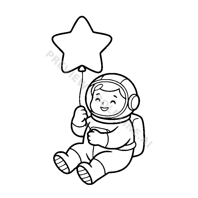 A chubby round astronaut floating happily in space while holding a giant star-shaped balloon.