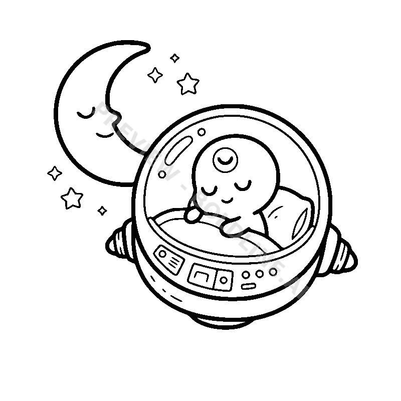 A cute, one-eyed alien sleeping peacefully inside a tiny bubble spaceship floating near a crescent moon.