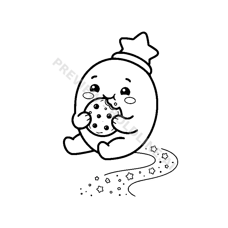 A friendly little moon eating a chocolate chip cookie and leaving a trail of tiny star crumbs.
