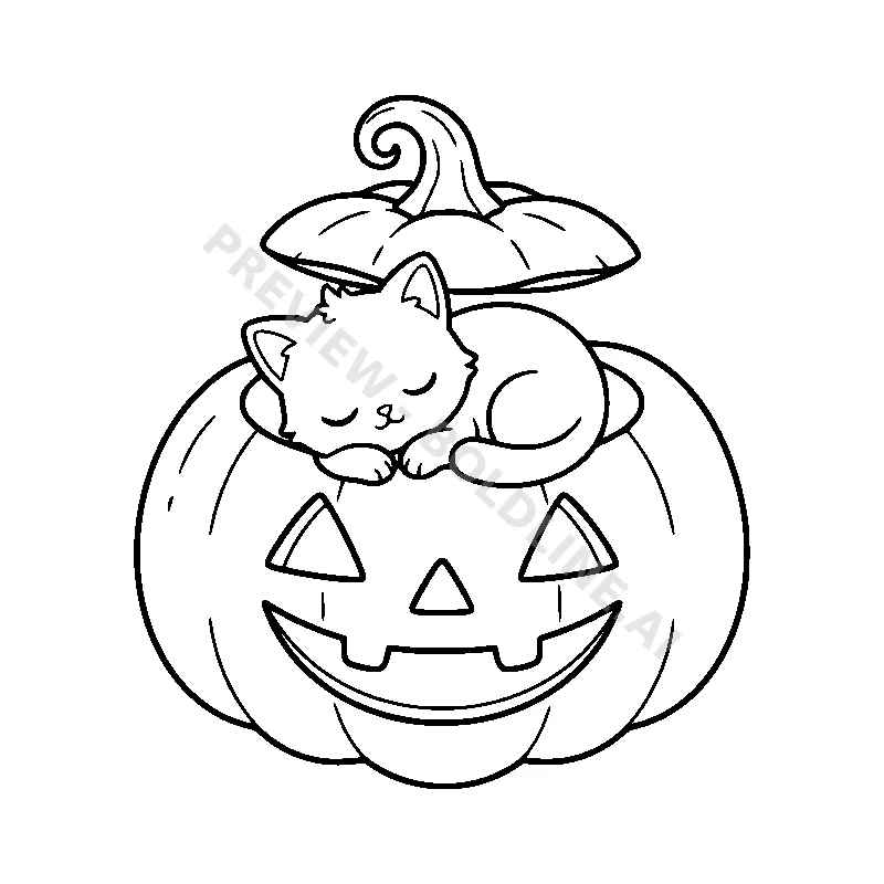 Pumpkin Kitty's Cozy Nap coloring page printable