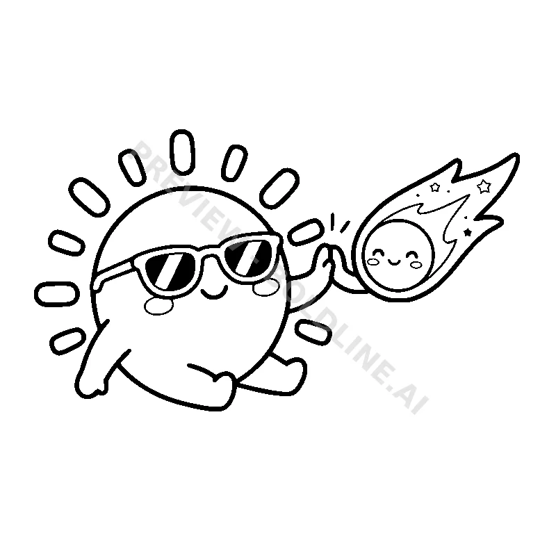 A happy, chubby sun wearing cool sunglasses and high-fiving a passing comet.