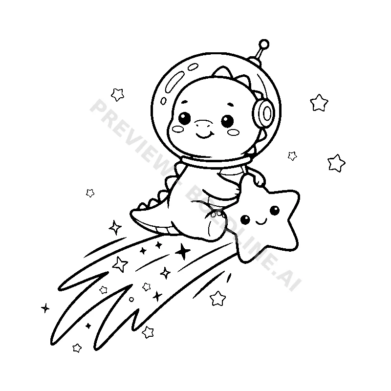 An adorable baby dinosaur wearing a round space helmet and riding a friendly shooting star.