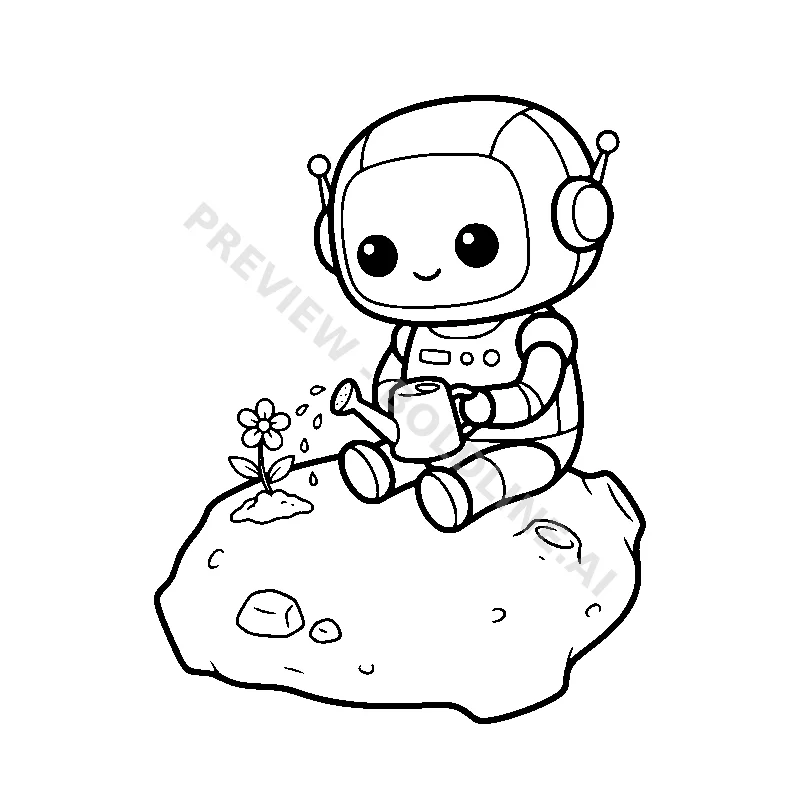 A chubby little robot with big eyes watering a tiny flower growing on a friendly asteroid.