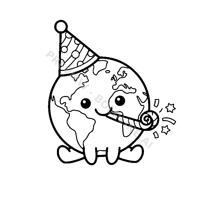A smiling planet Earth wearing a party hat and blowing a noisemaker for a space birthday party.