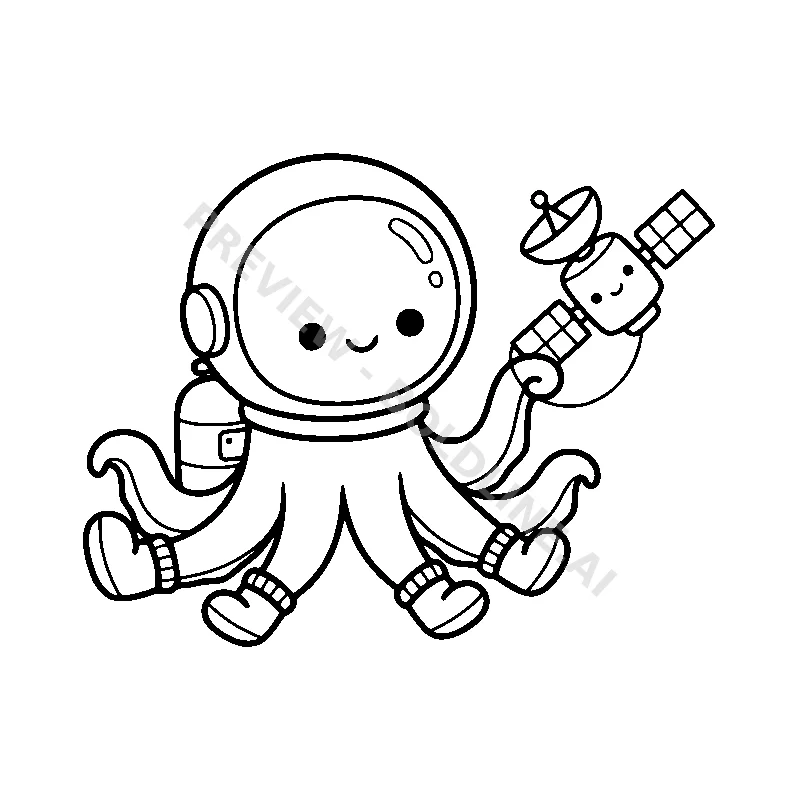 A cute baby octopus astronaut wearing eight tiny space boots and playing with a friendly floating satellite.