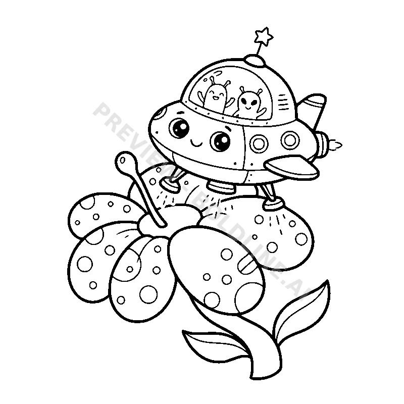 A cheerful spaceship with big eyes landing gently on a soft, polka-dotted alien flower.