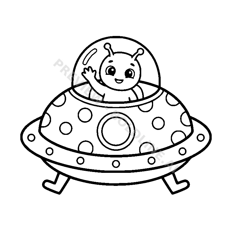 A friendly round alien waving from the window of a polka-dotted flying saucer.
