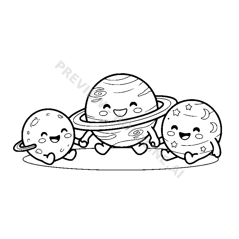 A cheerful group of three smiling planets of different sizes holding hands in a happy cosmic circle.